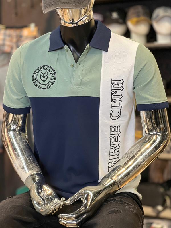 Mẫu Áo Thun POLO THREE CLTN -T3317 Áo Thun POLO Nam Màu Xanh Ráp Dọc Trắng Thêu Logo & Chữ Dọc THREE CLTN Mẫu Mới .