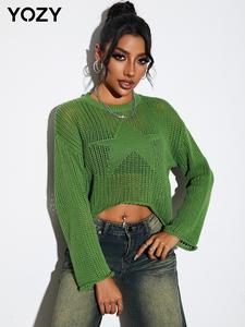 Yozy Women's Star Print Hollow Out Round Neck Sweater without Necklace, Casual Trendy Crewneck Drop Shoulder Longsleeves Jumper, Womenswear Knitting Tops