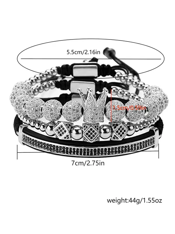 Rhinestone Crown & Beaded Braided Bracelet, Men Accessories, 3pcs Fashion Jewelry for Party, Daily Decor, Trendy All-match & Exquisite Jewellery for Birthday Gift 4