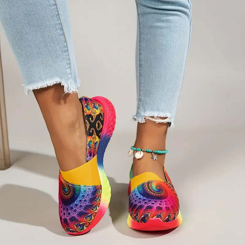 [Rainbow Slip-On Sneakers] Vibrant Lightweight Women's Rainbow Tie-Dye Slip-On Sneakers - Comfortable, Casual Shoes with Low-Top Design, Durable PU Sole for All-Day Wear 1