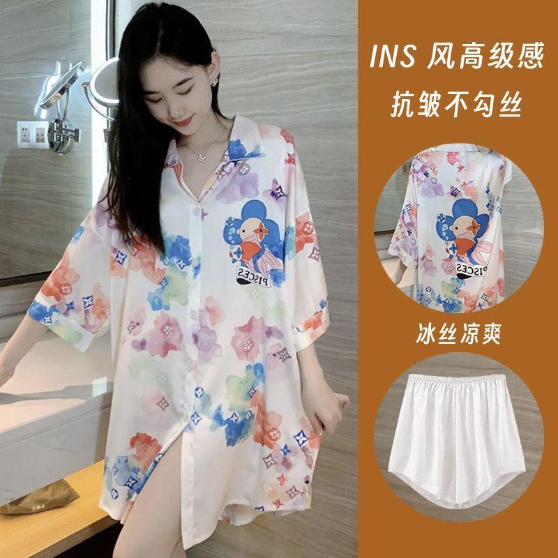 Váy Ngủ Lụa Lạnh Gợi Cảm, Hàng Mới Về Mùa Hè 2025, ngắn Tay, Phong Cách Người Nổi Tiếng Trên Internet, Mỏng, Áo Sơ Mi Gợi Cảm, Đồ Mặc Ở Nhà, Đồ Ngủ