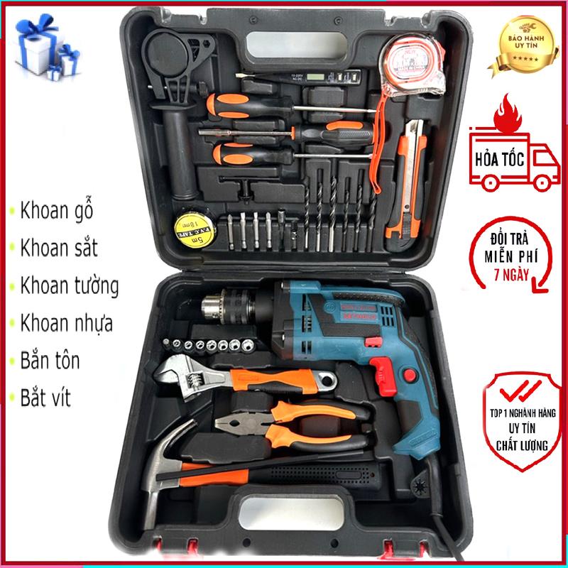  Máy khoan điện Bosch GSB 13 RE - Bộ Vali Đủ Đồ Nghề Chuyên Dùng Motor Dây Đồng 