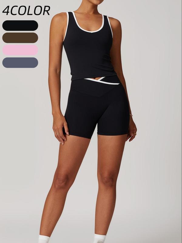 Two-piece Set Women's Solid Color Contrast Trim Sportswear Set, High Stretch Sporty Comfortable Breathable Backless Tank Top & High Waist V-shaped Waist Skinny Shorts for Yoga Gym Workout Running, Ladies Summer Sportswear,  Co-ord Sets for Women 1