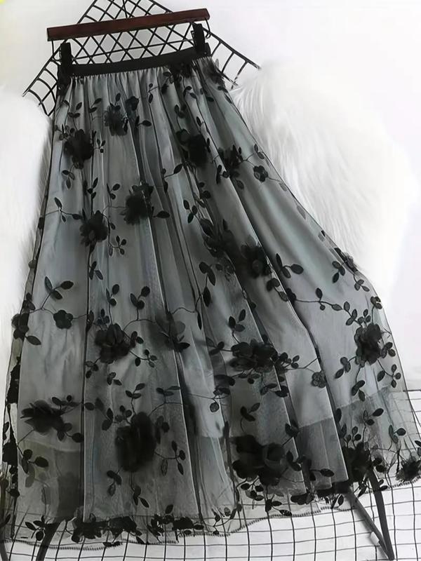 Women's Flower Appliques High Waist Tulle Skirt, Elegant A-Line Midi Skirt For Party Holiday Vacation, Ladies All Seasons Clothes, Womenswear 7