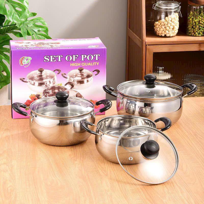 Bộ 3 nồi inox, nắp thủy tinh trong suốt, dùng cho mọi loại bếp, bếp ga, bếp từ, bếp hồng ngoại