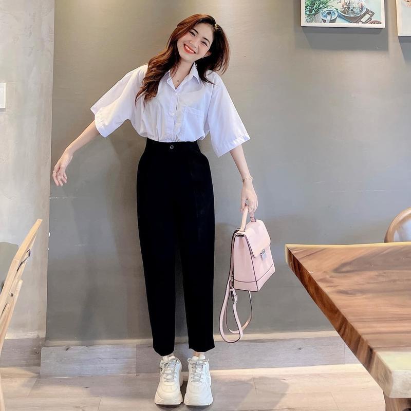 Quần Tây Nữ Lưng Cao Ống Đứng Dáng Dài Có Đai Co Dãn Nhẹ 1 Khuy Chất Vải Mềm Đen Quần Vải Baggy Nữ Cạp Cao Đi Học Sinh Đi Học Ong Pants Women Kem 5