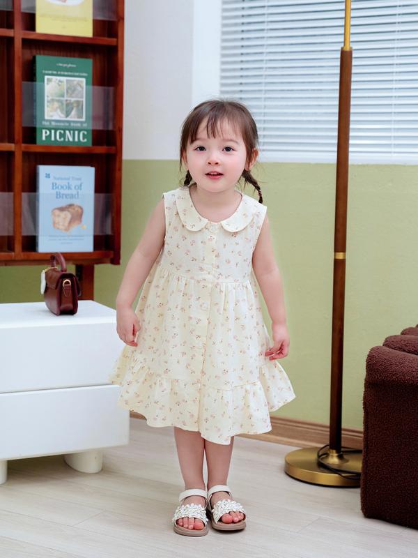  Váy bé gái sát nách chất linen họa tiết hoa nhí hồng cổ sen đuôi cá 