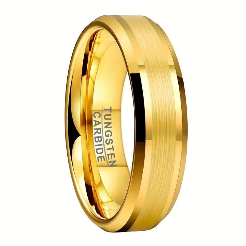 Product Introduction of [Local warehouse shipments] 1pc Luxurious 6mm Gold-Plated Tungsten Carbide Engagement Ring - Sleek Beveled Edges, Fashion Wedding Band for Men & Women, Durable & Stylish 0