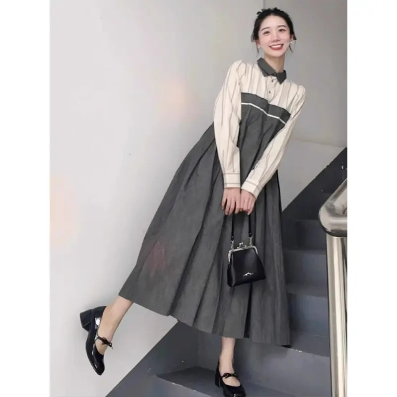 FADFAD - Gaun Wanita Lengan Panjang Gaya Korea - Kombinasi Motif Garis & Polos Elegan - Model Slim Fashionable - Cocok untuk Kantor, Hangout & Acara Formal 0