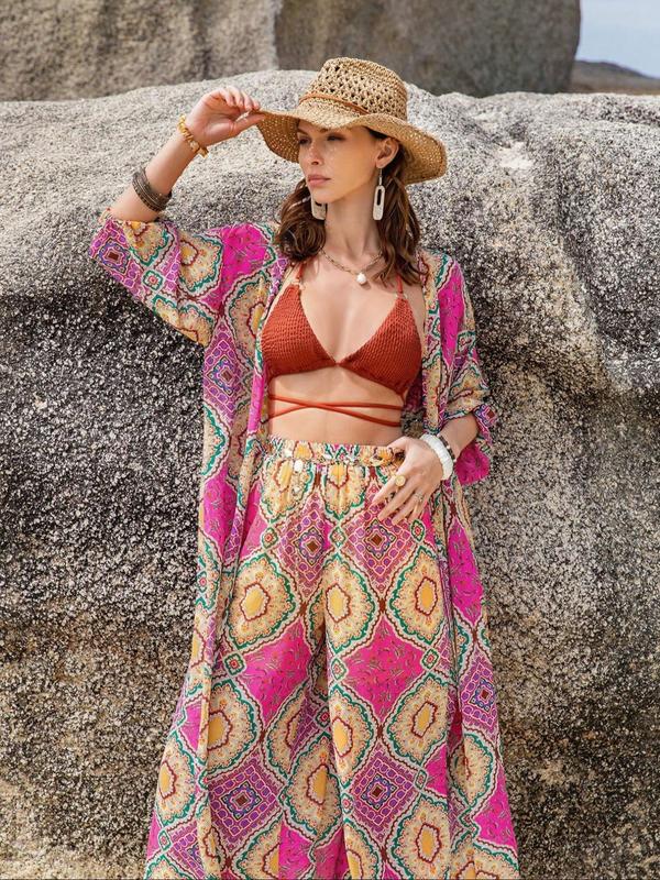 Two-Piece Set Women's Boho Summer Sets, Summer Clothes for Women, Co Ord Set Summer, Ethnic Pattern Kimono & Wide Leg Pants, Summer Outfits 2024, Open Front Top with Palazzo Pants, Two Piece Set Clothing 5