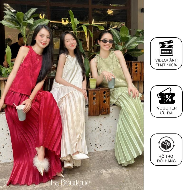 La Boutique - Áo Yếm Gấm Cột Nơ Viền Bèo BỘI SAM Và Quần Voan Tơ Dập Ly (Lớp Lót Satin) - Set Đồ Tết Nữ 1