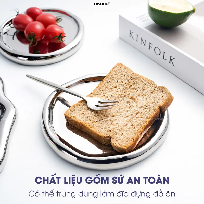 Khay Sứ Mạ Bạc Cao Cấp UCHUU, Đĩa Viền Dày Đựng Trang Sức, Đồ Ăn, Background Chụp Ảnh, Decor Phòng 3