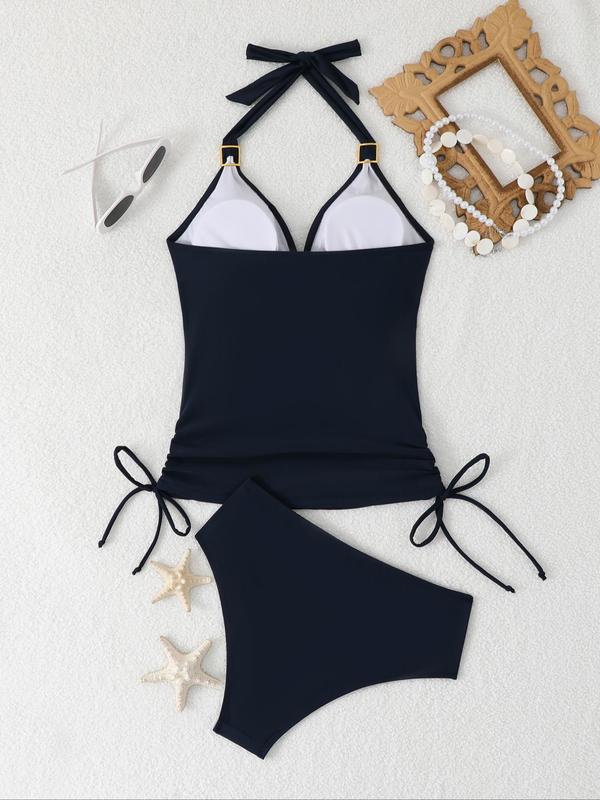 Women's Solid Color Tankini Set, Removable Padded Swim Top & High Waist Swim Bottom, Ladies Swimsuit for Beach Holiday Vacation 7