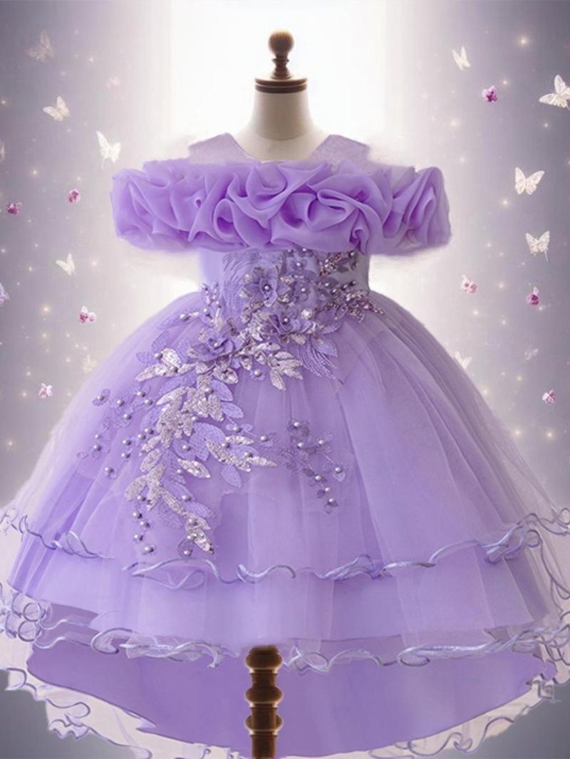 Product Introduction of Girl's Floral Embroidery Sequin Decor Tulle Dress, Elegant Cold Shoulder A Line Dress for Party Performance Wedding Guest, Kids Clothes for Summer 1