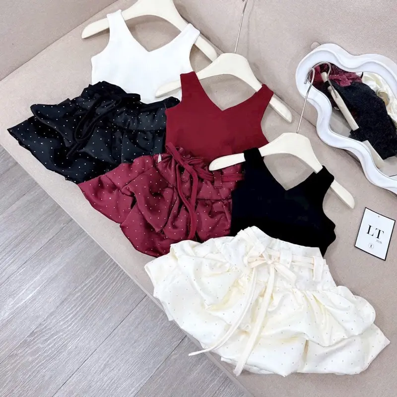 Set ÁO Cotton +Chân Váy tacta đính đá dáng bồng 2 tầng sang chảnh bé diện đi tiệc đi chơi size 9-32kg (L1)