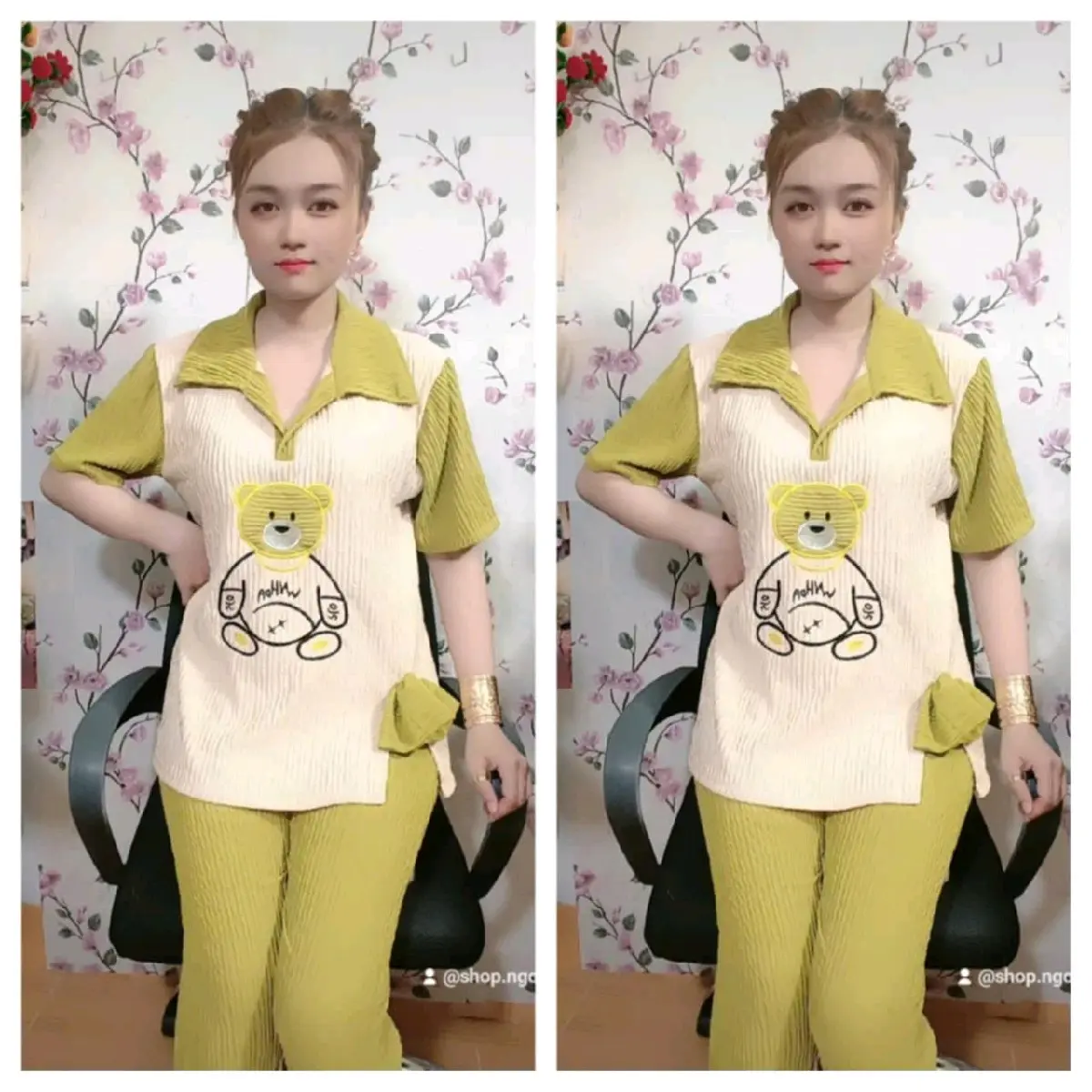 set bộ quần dài tay ngắn xẻ tà trước phối nơ vải thun xốp nhật co giãn nhẹ Nữ
