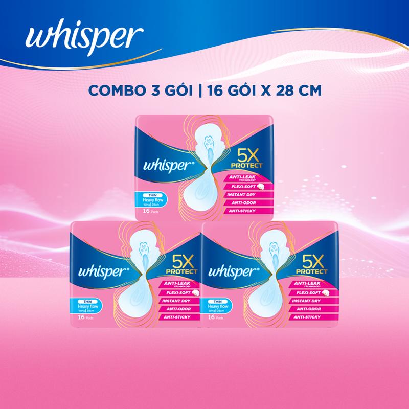 Combo 48 miếng Băng Vệ Sinh Whisper 5X Ban Đêm mặt bông mềm mại và chống tràn tuyệt đối 28cm