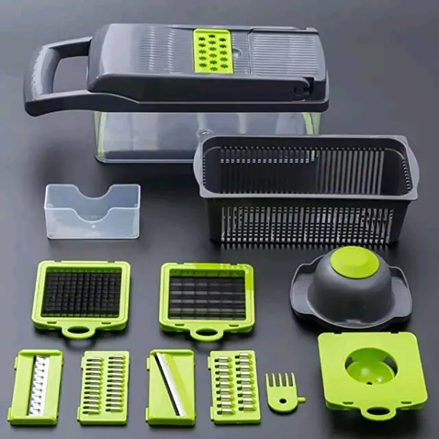 15 in 1 Vegetable Chopper,  Vegetable Slicer Fruit and Vegetable Dicing Machine, Food Slicer Veg Chopper Manual Onion Slicer Dicer Chopper Cutter Veg Slicer (Gray) Viral ticktock top product ,Kitchen Detachable Blade Set heat resistant casual green durabl 3