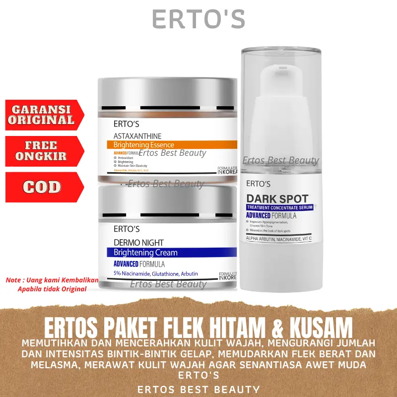 Ertos Paket Memudarkan Flek Hitam Memutihkan Mencerahkan Wajah Kusam 3in1 ( Dark Spot Serum, Astaxanthine, Night Cream)