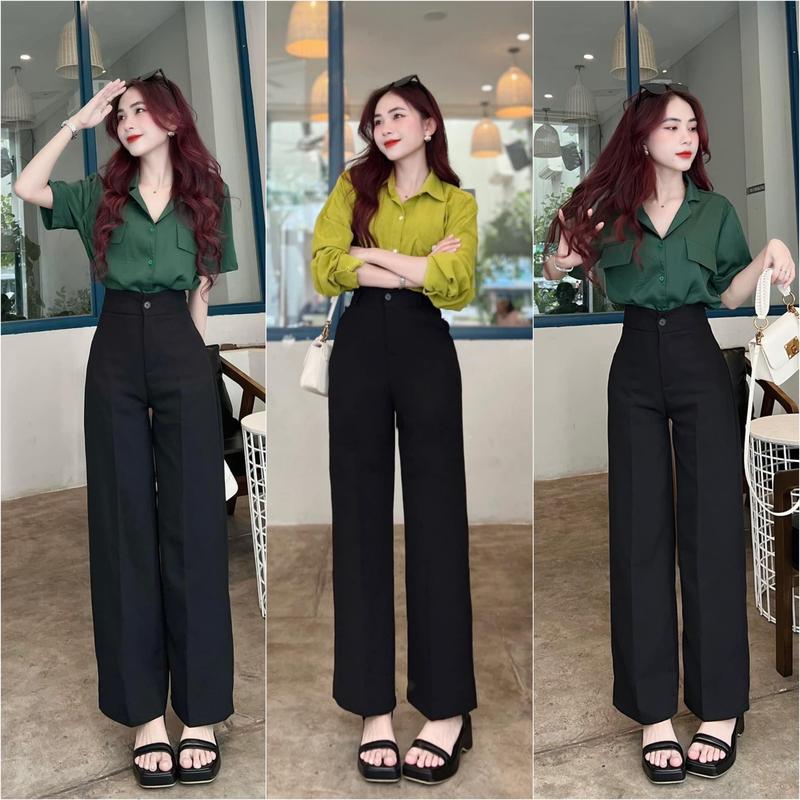 Quần ống rộng cạp cao 1 nút khuy trước màu đen tôn dáng Quần tây ống suông lưng cao mặc đi học đi làm công sở đẹp Pants Nữ Ong Women quầntây ốngsuông