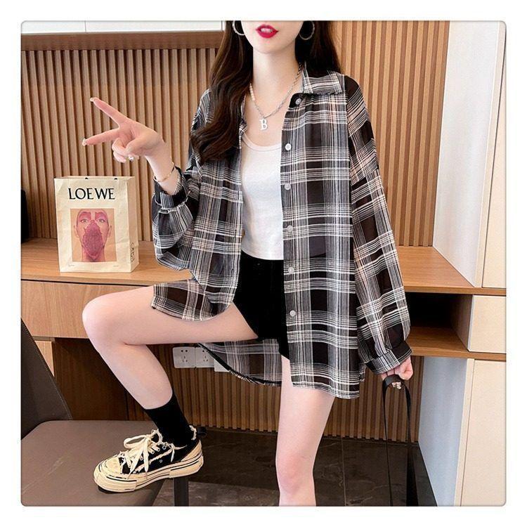 Product Introduction of Sun Protection Clothing for Women Thin Plaid Chiffon Shirt Oversize Coat for Women Breathable New Summer Loose Shirt Women 20