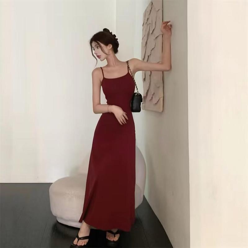 Product Introduction of Summer Dress Hot Girl Elastic Strap Dress Women Sleeveless Off-Shoulder Waist-Cinching One-Shoulder Base Long Dress 8