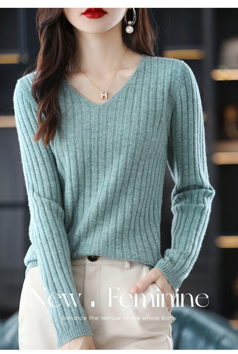 Product Introduction of Áo Dệt Kim Cổ Chữ V Và Màu Trơn, Phong Cách Hàn Quốc, Dài Tay, Mỏng, Dưới Cùng 6