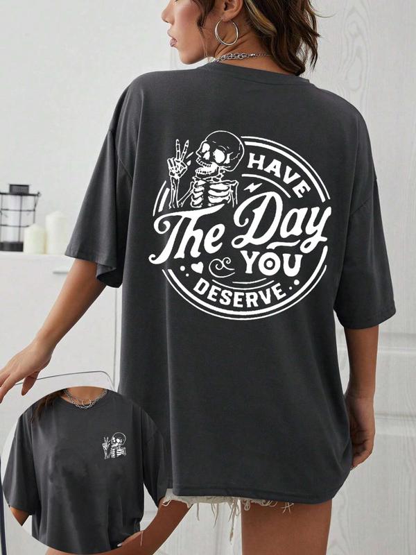 Women's Streetwear Letter & Skeleton Print Drop Shoulder Tee, Casual Half Sleeve Round Neck T-shirt for Daily Wear, Ladies Clothes for All Seasons, Tshirt 3