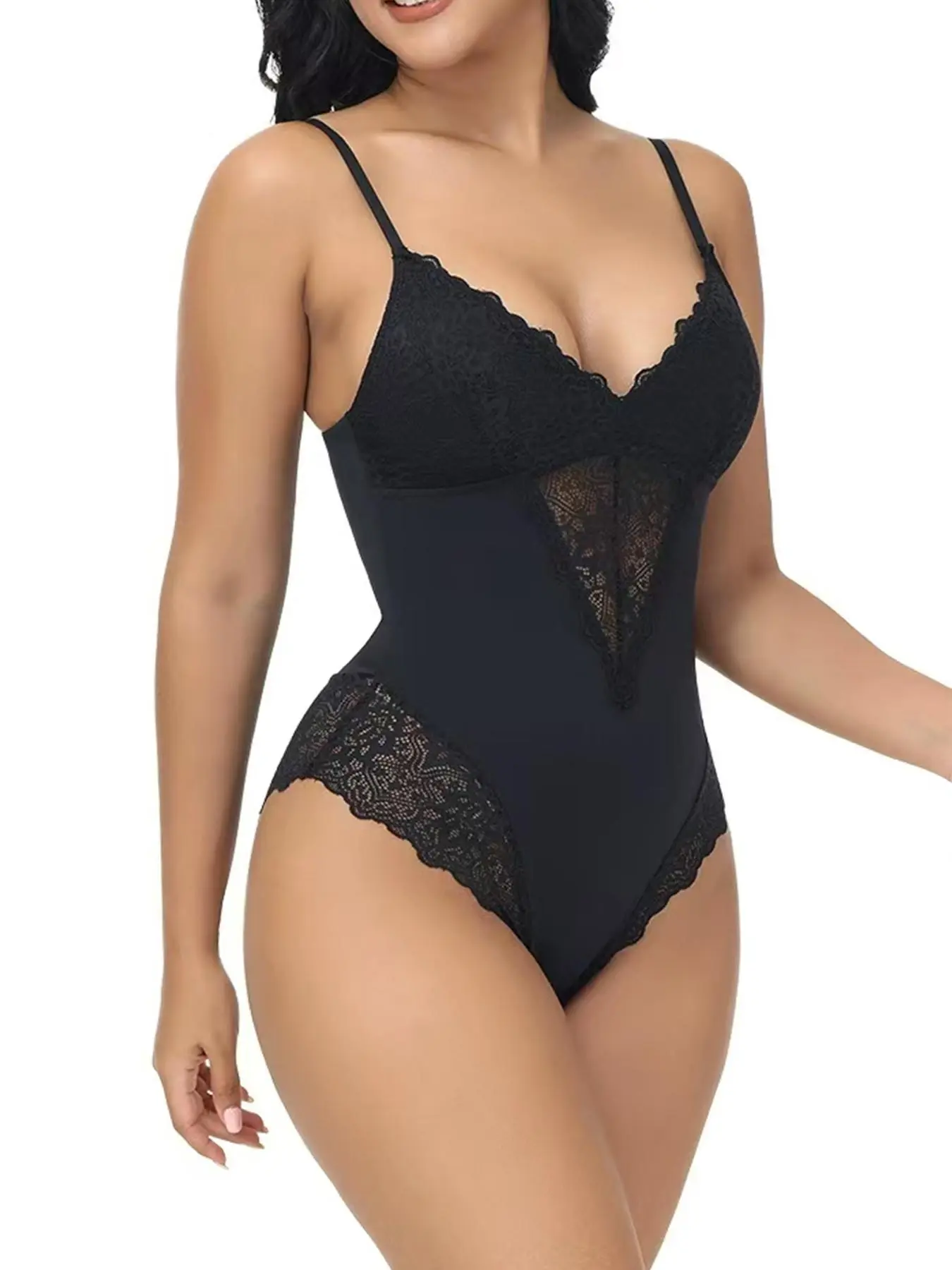 Women's Solid Contrast Lace Adjustable Strap Shapewear Bodysuit, High Stretch Tummy Control Shaper, Women's Shapewear for All Seasons