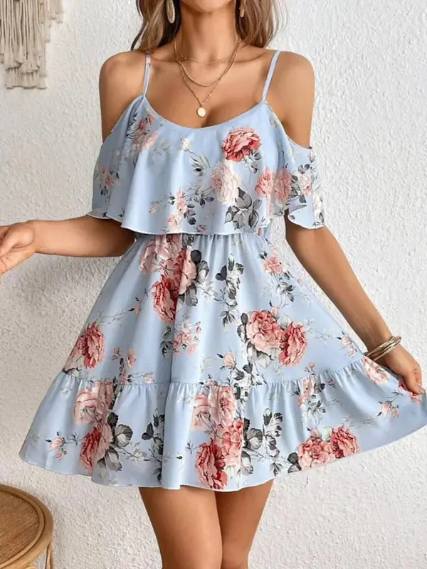 Women's Floral Print Cold Shoulder Ruffle A Line Dress, Boho Flounce Sleeve Short Dress for Beach Holiday Vacation, Ladies Summer Clothes 1