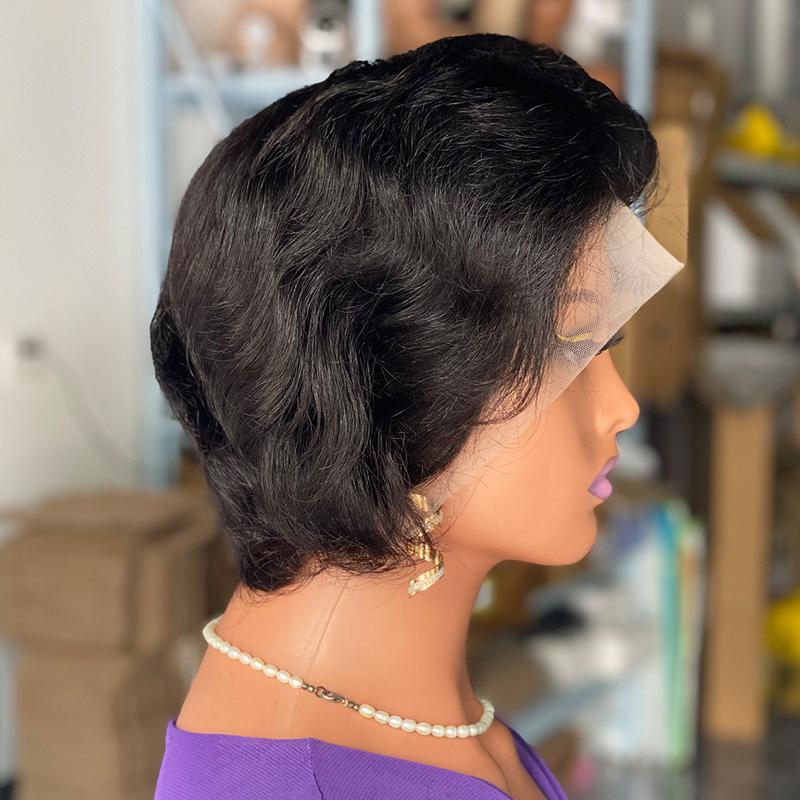 Product Introduction of New Arrival Short Virgin Human Hair Pixie Cut Curly Human Hair Wig,Cheap Perruque 13x4 Top Swiss Lace Wigs for Women 4