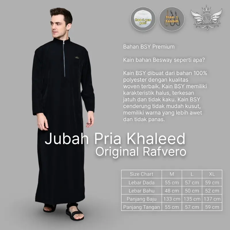 RAFVERO Jubah Pria Khaleed Gamis Pria Dewasa Hitam Polos Bahan BSY Premium Tangan Panjang Jubah Muslim Cowok Oblong Size M L XL 1