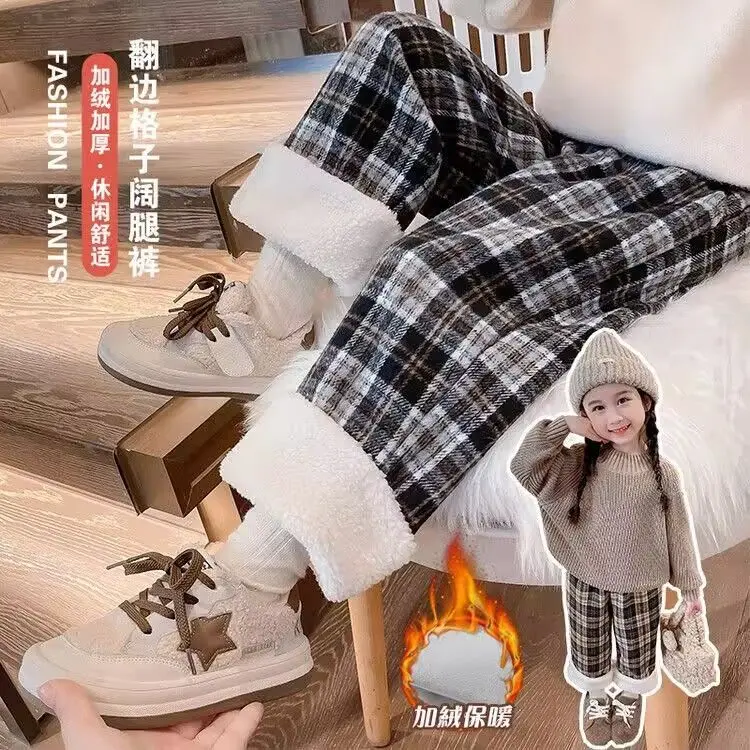 Quần Cashmere Mùa Đông, Cho Bé Gái, Thời Trang Phương Tây, Phong Cách Hàn Quốc, Lót Lông Cừu, Dày Dặn, Kẻ Sọc, Quần Lót Lông Cừu, Hàng Mới Về