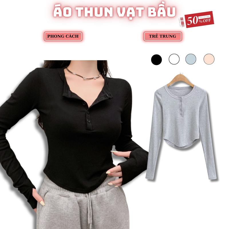 Áo thun ôm vạt bầu nút cài nữ body dài tay len tăm cổ tròn bo eo phối khuy xỏ ngón đuôi tôm tôn dáng basic - AVB