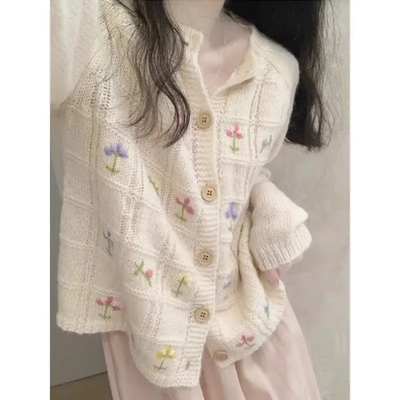 Áo Len Thêu Phong Cách Lười Biếng Cổ Điển Nhật Bản, Áo Khoác Cardigan Dệt Kim Hoa, Thiết Kế Nhẹ Nhàng, Phong Cách Cổ Điển, Dành Cho Nữ, Thích Hợp Cho Mùa Thu Và Mùa Đông Women