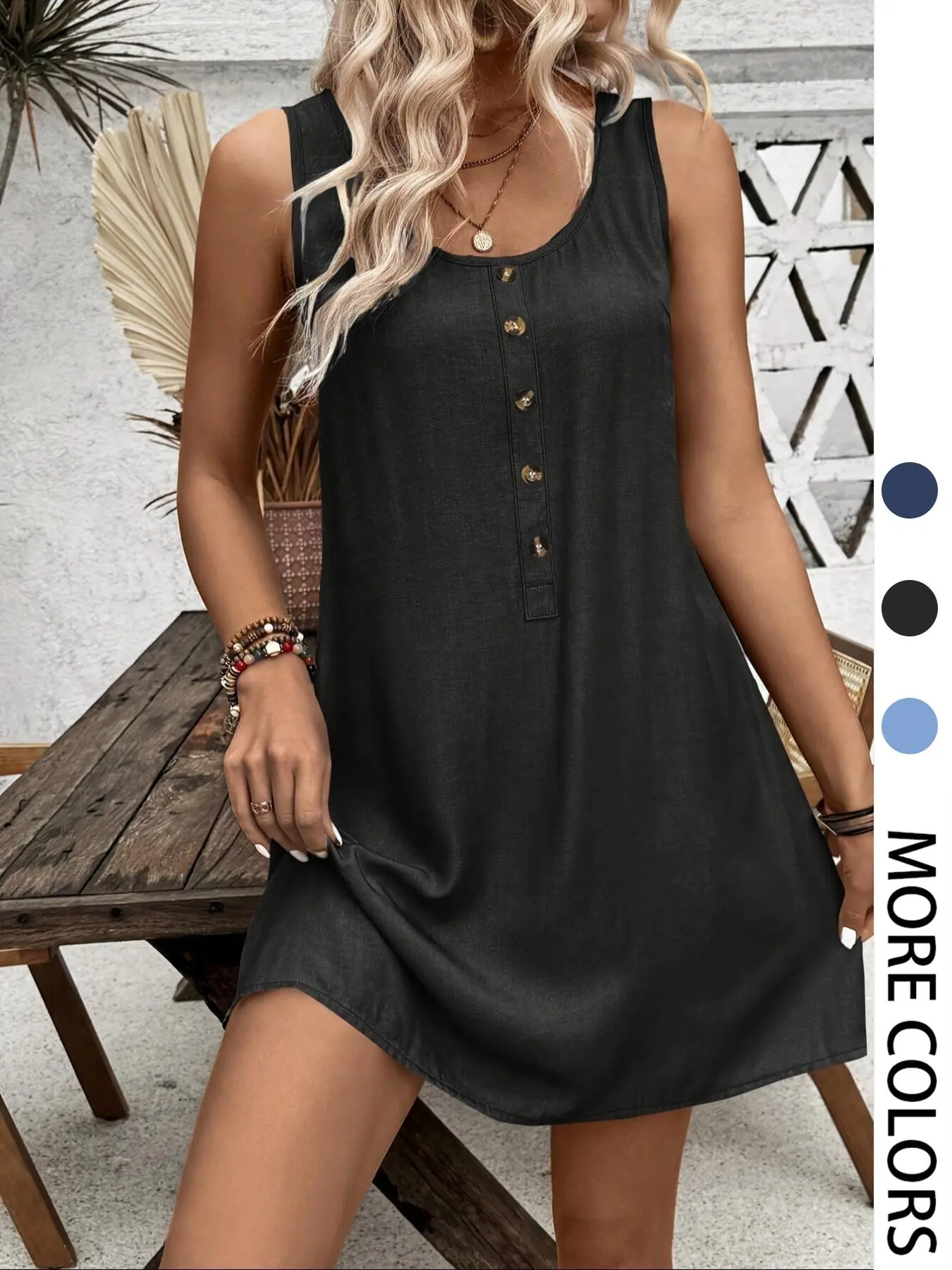 Women's Plain Button Decor Tank Dress, Casual Sleeveless Dress for Summer, Ladies Clothes for Daily Wear