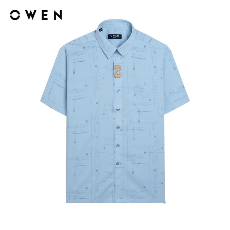  OWEN - Áo sơ mi Nam ngắn tay Có túi Body Fit AB240704NT màu Xanh nhạt chất liệu Spandex   Hoạ tiết In thêu Menswear 