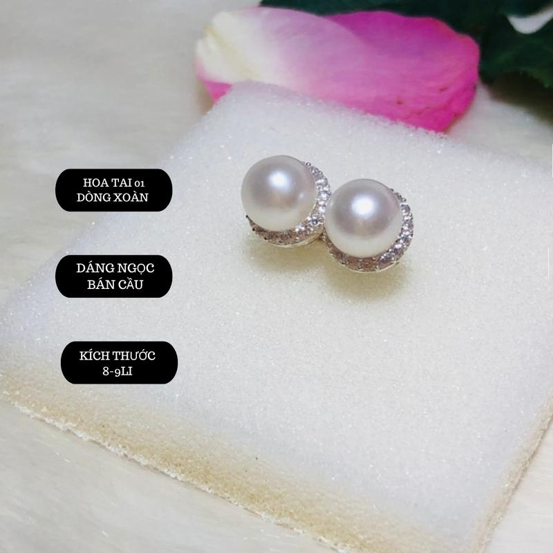 Bông tai ngọc Bán cầu 8-9li màu Trắng Kiểu một dòng xoàn 1