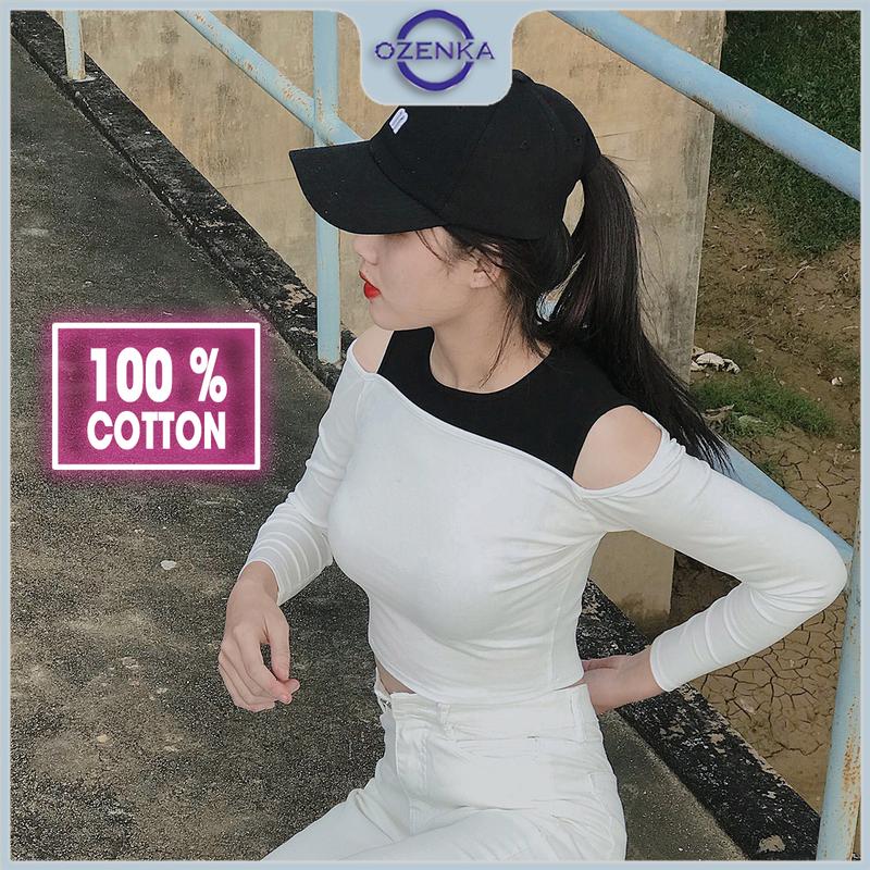 Áo croptop hở vai tay dài ôm nữ OZENKA thun cotton cải màu sang chảnh mặc đi học đi chơi size dưới 55 kg Shirt Sơ Mi Cổ Tròn Denim Jean Nhung Women
