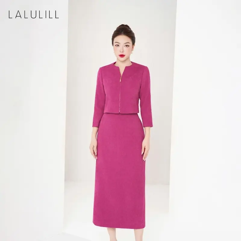 LALULILL Set nữ Áo vest dáng crop cổ nơ & Chân váy dáng suông dài nhung tăm hồng sen- LAK2438703 & LCV2442403 2