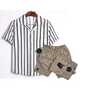 PROMO TERLARIS ONE SET  SETELAN PRIA wanita kemeja salur dan celana pendek broadshot premium Motif Casual Atasan Santai Panjang