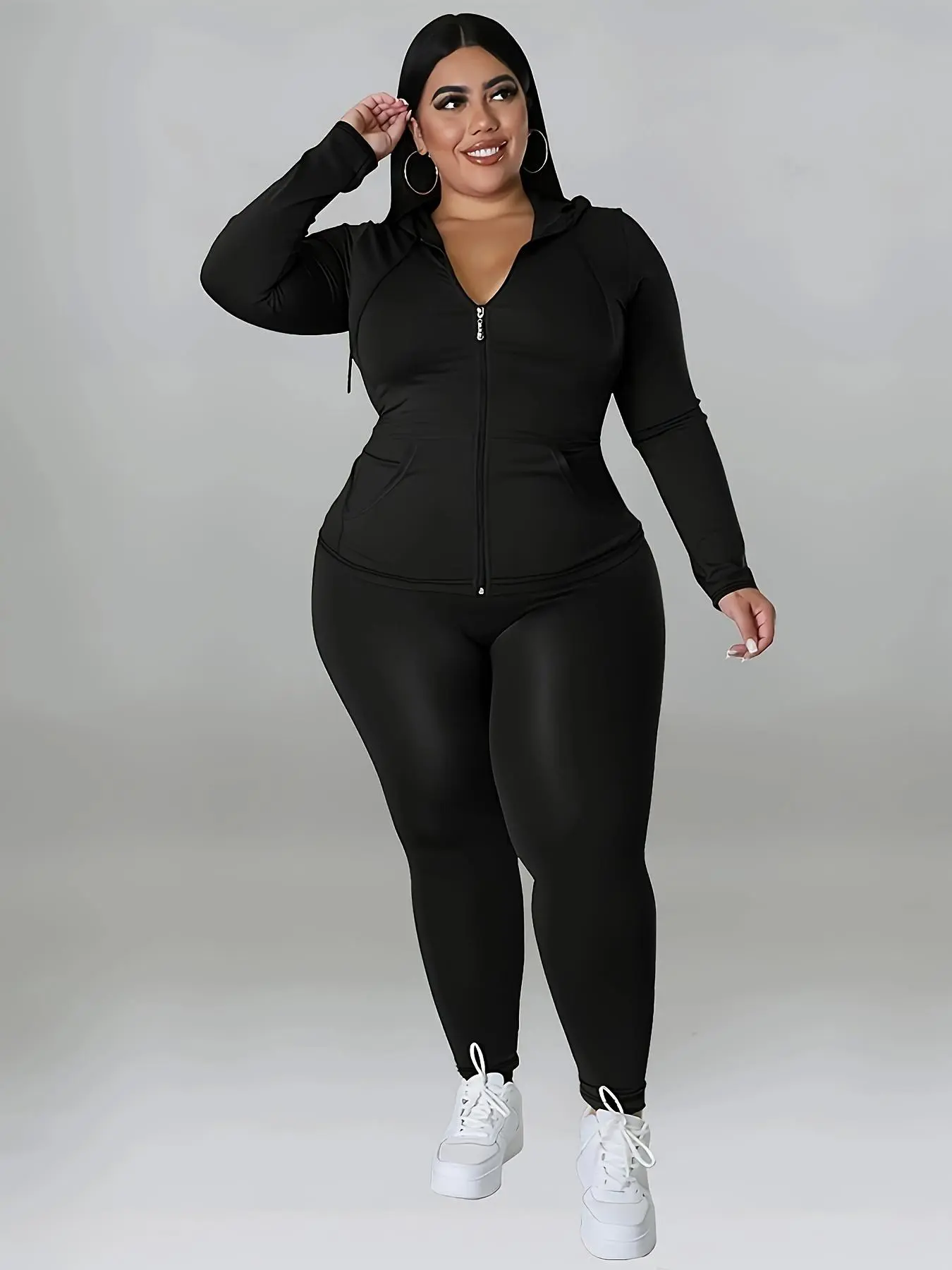 Plus Size Solid Zip Up Hooded Top & Skinny Pants Set, Casual Long Sleeve Hooded Outerwear & Trousers for Women, Women's Christmas and New Year Two-piece Outfits for Spring & Fall & Winter, Clothing