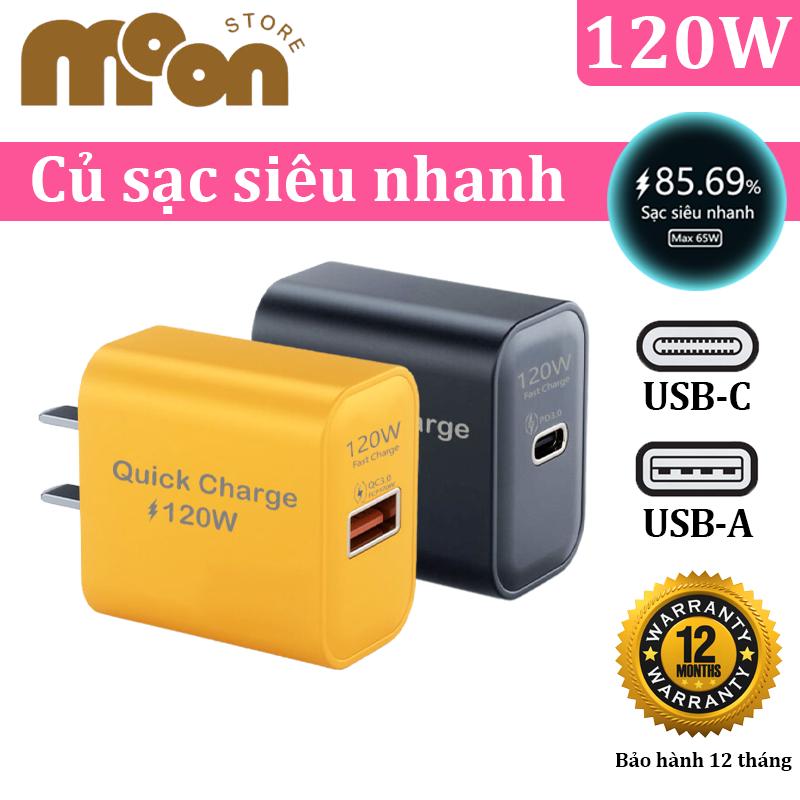【Củ sạc nhanh 120W bộ sạc nhanh 120W 2 cổng ra  USB-A (QC 3.0)/ USB-Type C (PD) Đầu sạc nhanh, Không nóng máy Củ sạc nhanh, Chứng nhận an toàn ổn định Cho iP Samsung xiaomi RedMI OPPO VIVO