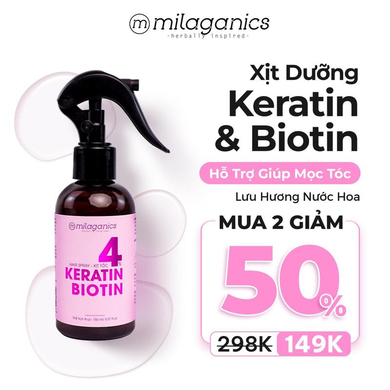 [MUA 2 GIẢM 50%] Xịt Dưỡng Mọc Tóc Biotin & Keratin 4% MILAGANICS Mọc Tóc Dưỡng Tóc Mềm Mượt Tóc Khô Xơ Hư Tổn Mọc Tóc Con - Tinh Chất Mọc Tóc Chăm Sóc Tóc Dày Cho Nam & Nữ - Serum Mọc Tóc Phục Hồi Women