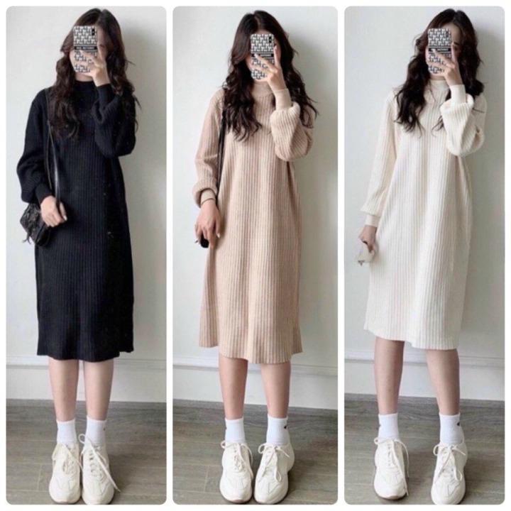 váy len suông dài tay bo tay,đầm suông nữ len gân dáng dài thu đông 3 màu ấp áp 0