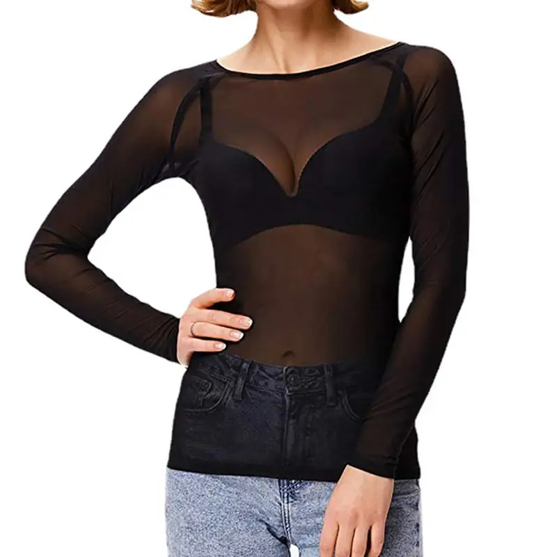 Áo Mỏng, Gợi Cảm, Xuyên Thấu, Lưới Đen, Áo Chui Đầu, Cổ Tròn, Dài Tay, Trong Suốt, Áo Phông Câu Lạc Bộ Punk 4