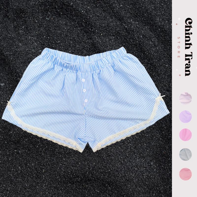 Quần Short Đùi Nữ Sọc Phối Ren Nơ Cúc Bông Xinh Xắn Thoải Mái Mát Mẻ
