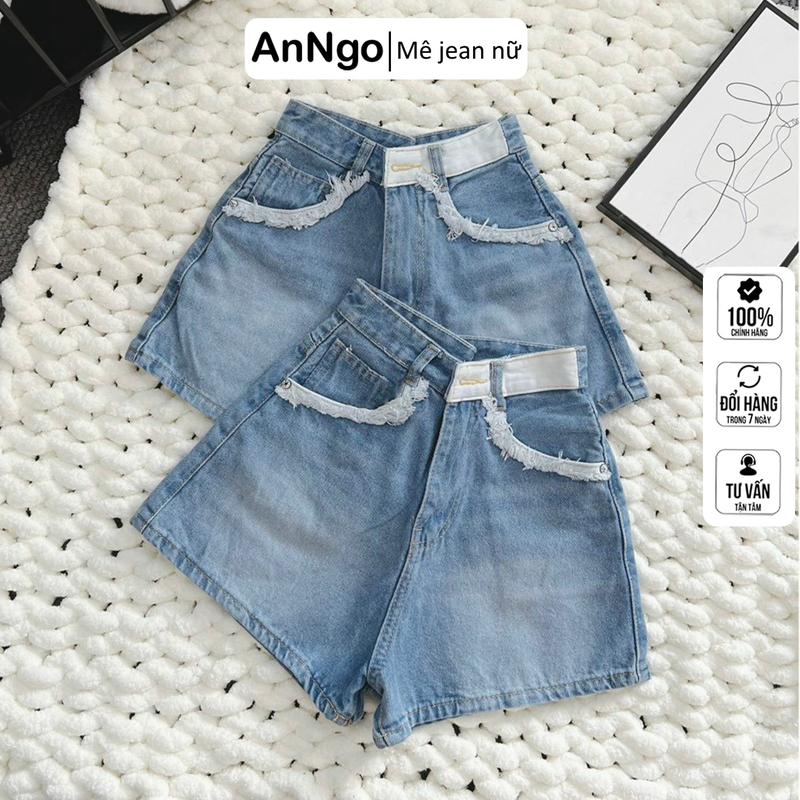 Quần short jean nữ loang màu, lưng cao rách cách điệu ANNGO - AT283