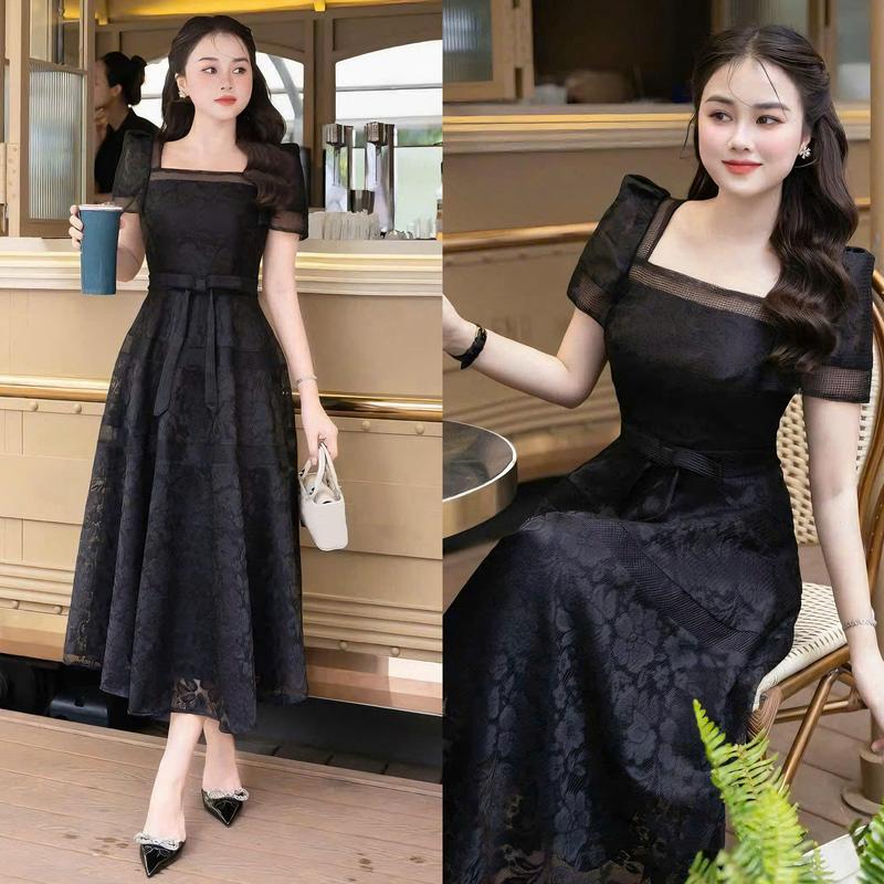 Đầm Nữ Thiết Kế EMME V1931 Ren Cổ Vuông Tay Ngắn Mix Đính Nơ Dáng Dài Cách Điệu 1