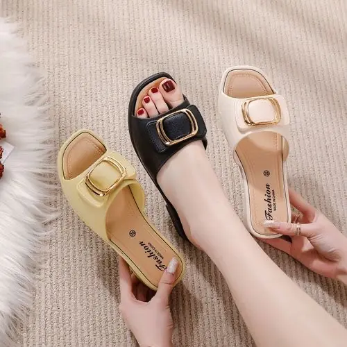 New Summer Fashion Non-Slip Mid-Heel Women's Korean Style Soft Sole Thick Sole Slide Sandals for Outdoor Wear